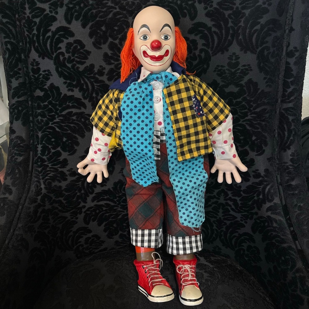 Vintage Porcelain Clown Doll 21 Inch Hand Painted Circus Decor Orange Hair